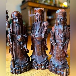 Chinese God’s of Prosperity, Fortune and Longevity, Hand carved. 18” high.